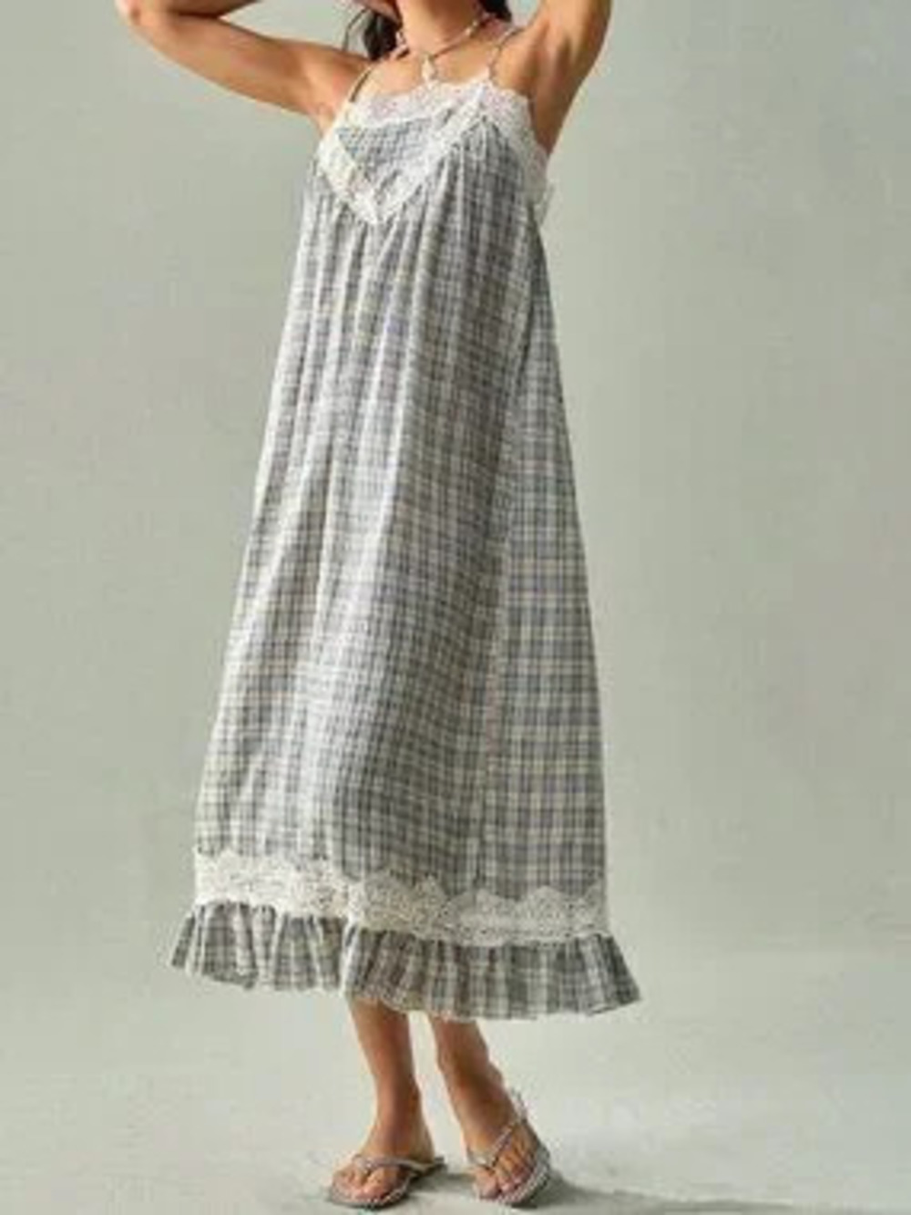 Blue Casual Women's Cottage Core Boho Plaid Lace Spaghetti Strap Dress